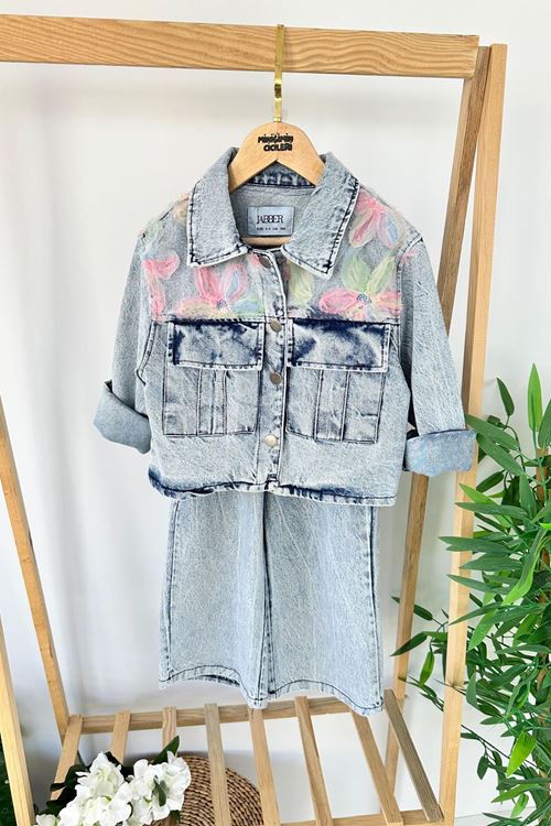 Miniğimin Cicileri Zambak Tül Detaylı Kız Çocuk Kot Ceketli 2 li Takım - Açık Mavi