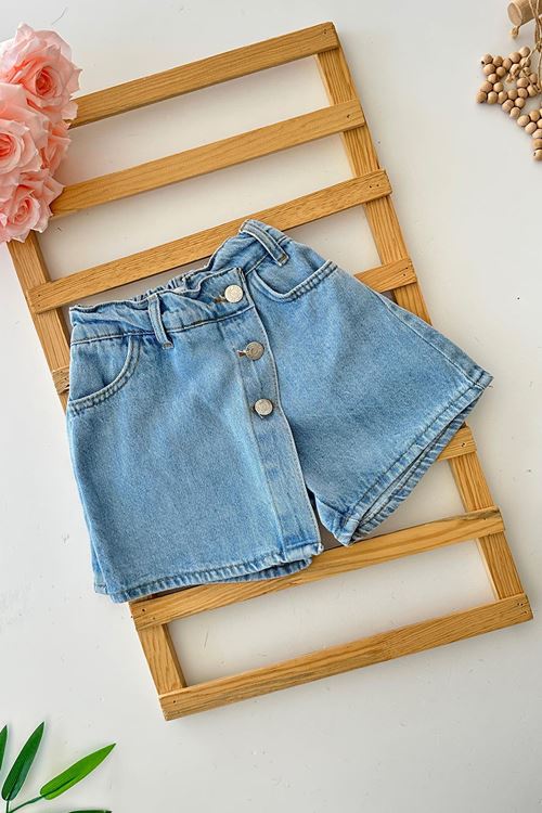 Miniğimin Cicileri Düğmeli Kız Çocuk Kot Şort Etek - Mavi