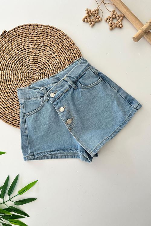 Miniğimin Cicileri Düğmeli Kız Çocuk Kot Şort Etek - Açık Mavi