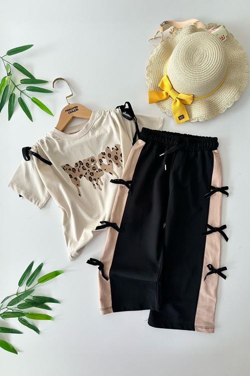 Miniğimin Cicileri Kolları Büzgülü Meow Baskılı Fiyonk Detaylı Kız Çocuk 2 li Takım - Siyah