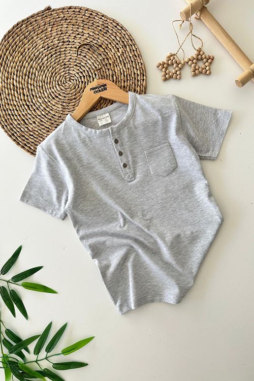 Miniğimin Cicileri Düğmeli Erkek Çocuk Cep Detaylı Tşört - Gri