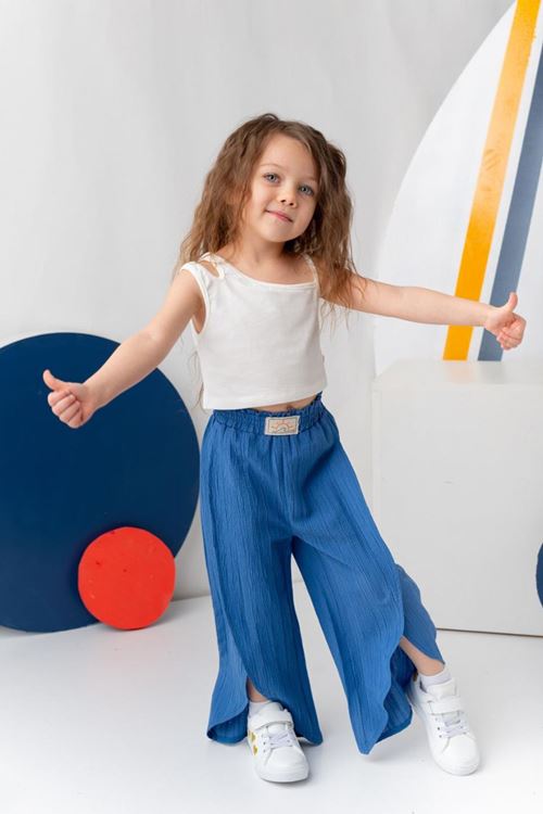 Miniğimin Cicileri Kolsuz Crop Üst ve Yırtmaçlı Bol Paça Kız Çocuk Takım - Mavi