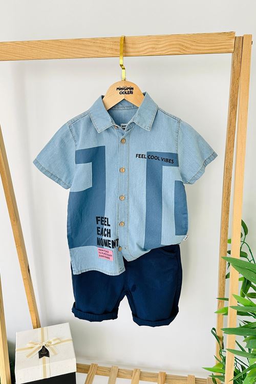 Miniğimin Cicileri “Feel Cool Vibes” Yazılı Erkek Çocuk Kot Şortlu Takım - Mavi