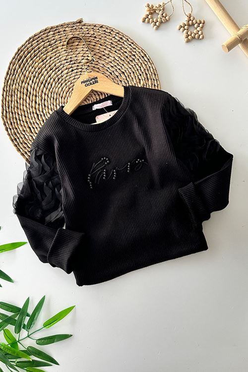 Miniğimin Cicileri Kolları Tül Detaylı Taşlı Kız Çocuk Sweat - Siyah