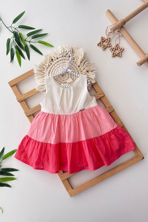 Miniğimin Cicileri Renk Geçişli Brode Detaylı Kolsuz Kız Çocuk Elbise - Nar Çiçeği