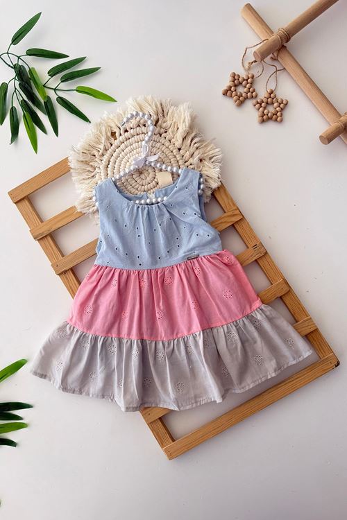 Miniğimin Cicileri Renk Geçişli Brode Detaylı Kolsuz Kız Çocuk Elbise - Mavi