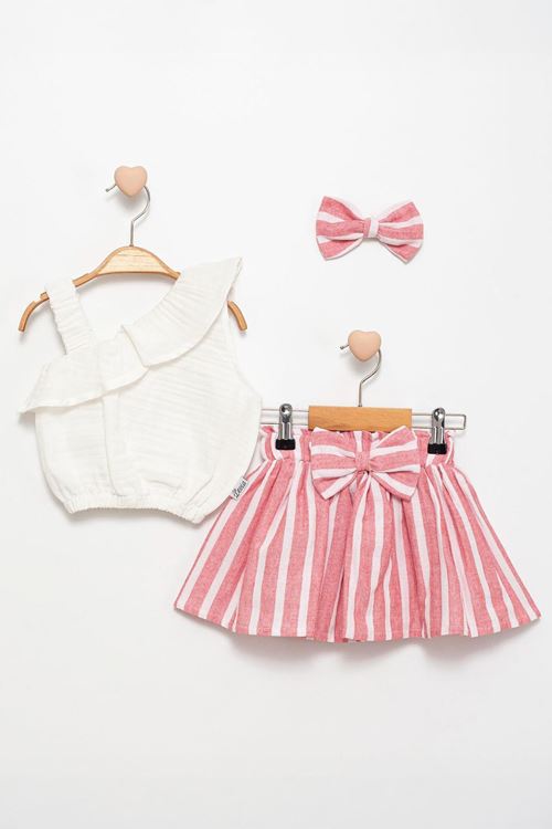 Miniğimin Cicileri Müslin Fiyonk Detaylı Tek Omuz Kız Çocuk Etekli 2 li Takım - Pembe