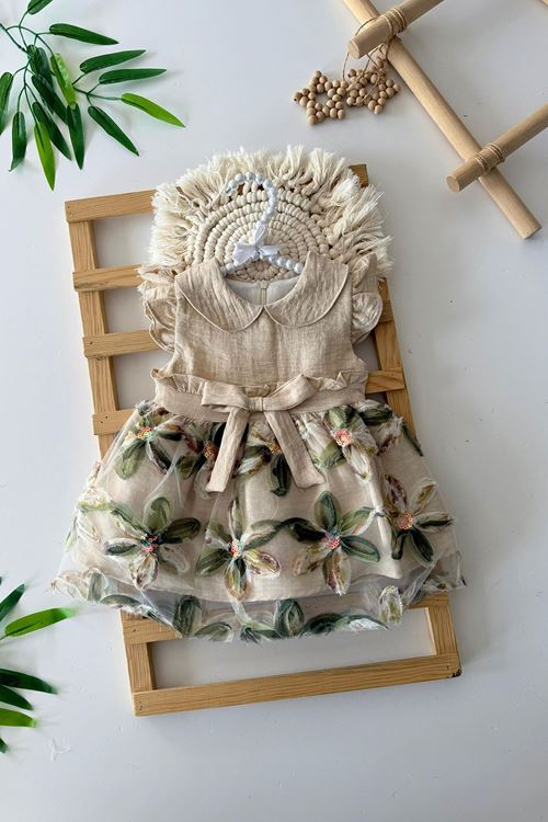 Miniğimin Cicileri Zambak Desenli Payetlı Kız Bebe Elbise - Bej