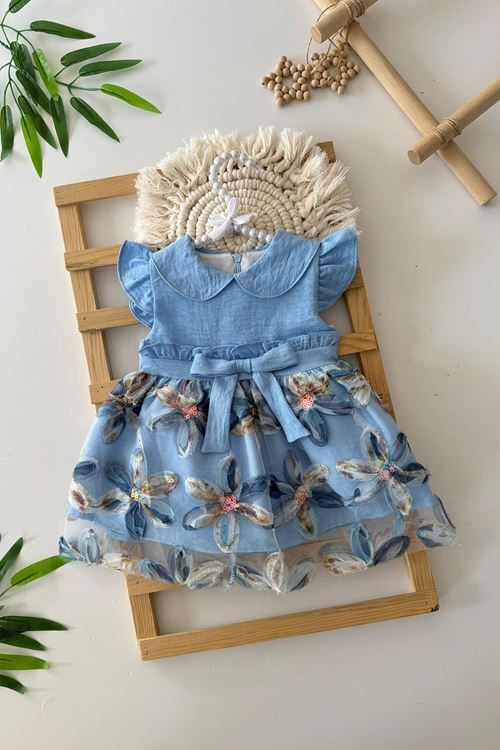 Miniğimin Cicileri Zambak Desenli Payetlı Kız Bebe Elbise - Mavi