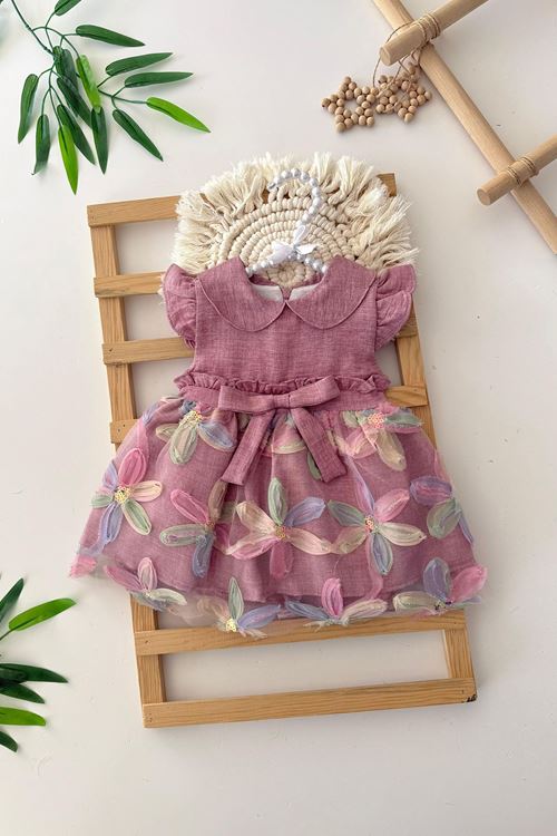 Miniğimin Cicileri Zambak Desenli Payetlı Kız Bebe Elbise - Gül Kurusu