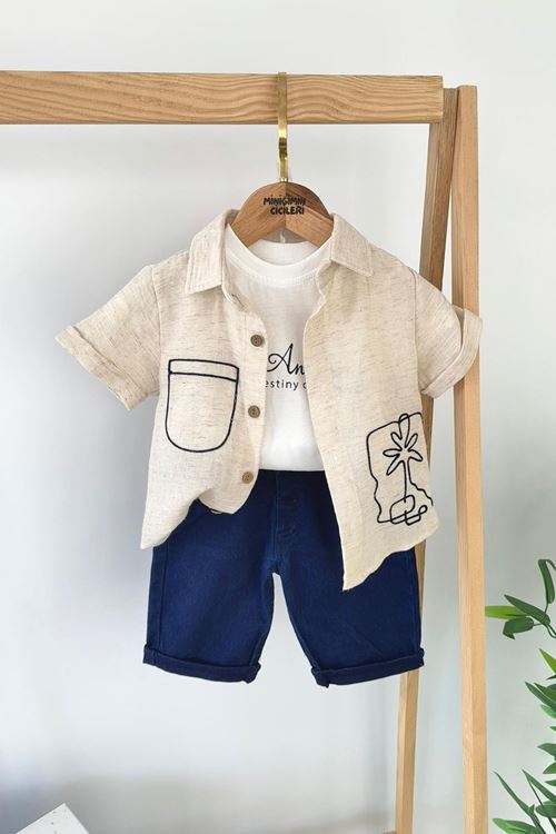 Miniğimin Cicileri Keten Pamuk Gömlekli Palmiye Desenli Erkek Çocuk Şortlu 3 lü Takım - Lacivert