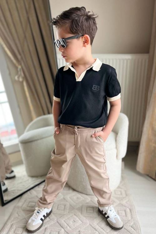 Miniğimin Cicileri Polo Yaka Erkek Çocuk Tişört ve  Pantolon 2 li Takım - Kum Beji