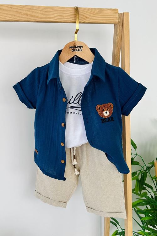 Miniğimin Cicileri Müslin Bear Panç İşlemeli Erkek Çocuk 3 lü Şortlu Takım - Mavi