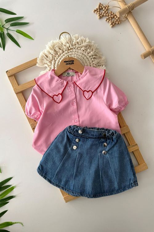 Miniğimin Cicileri BB Kalp Yaka Nakış Detaylı Kız Çocuk Kot Şort Etekli Kız Çocuk Takım  - Açık Pembe