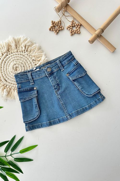 Miniğimin Cicileri Kargo Cepli Kot Kız Çocuk Etek - Açık Mavi