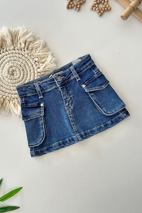 Miniğimin Cicileri Kargo Cepli Kot Kız Çocuk Etek - Koyu Mavi