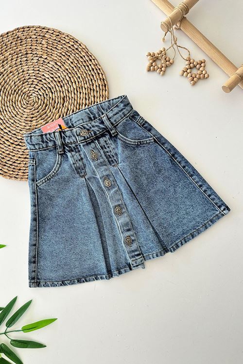 Miniğimin Cicileri Önü Düğmeli Kot Kız Çocuk Etek - Açık Mavi