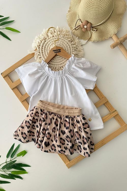 Miniğimin Cicileri Fiyonk Detaylı Leopar Desenli Kız Çocuk Takım - Beyaz