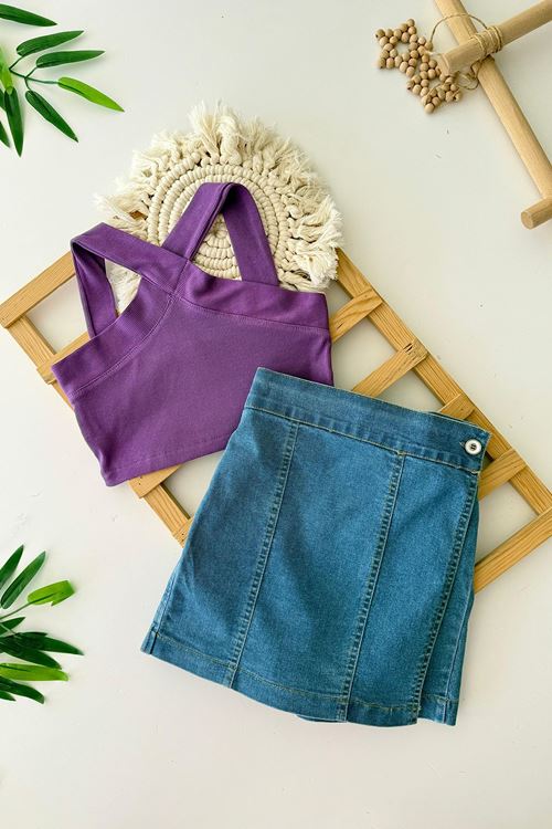 Miniğimin Cicileri Kız Çocuk Çapraz Askılı Kız Çocuk Crop Üst ve Kot Şort Etek - Mor