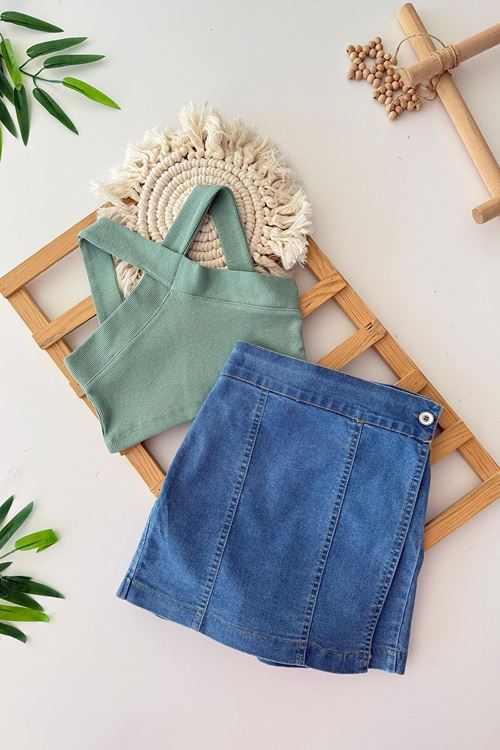 Miniğimin Cicileri Kız Çocuk Çapraz Askılı Kız Çocuk Crop Üst ve Kot Şort Etek - Yeşil