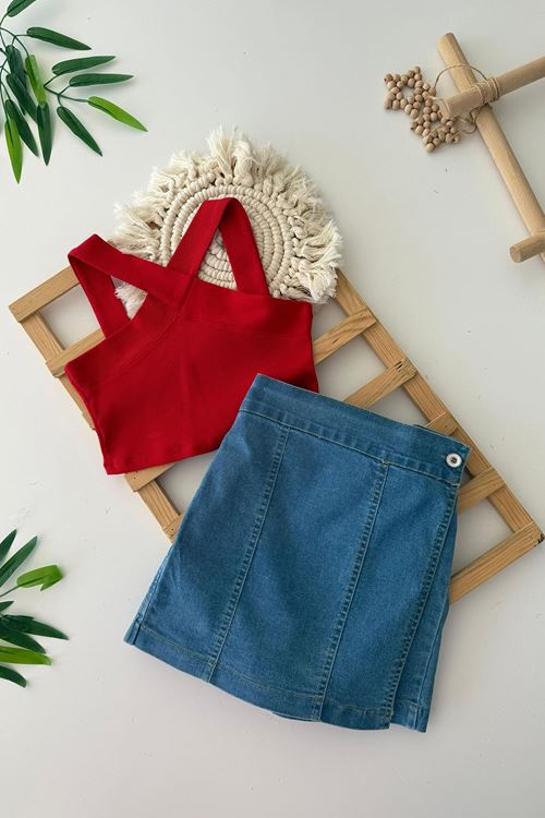 Miniğimin Cicileri Kız Çocuk Çapraz Askılı Kız Çocuk Crop Üst ve Kot Şort Etek - Kırmızı