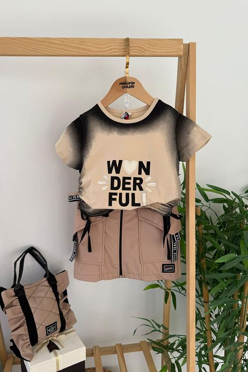 Miniğimin Cicileri Wonderful Yandan Büzgülü Renk Geçişli Çantalı Kız Çocuk 3 lü takım - Bej