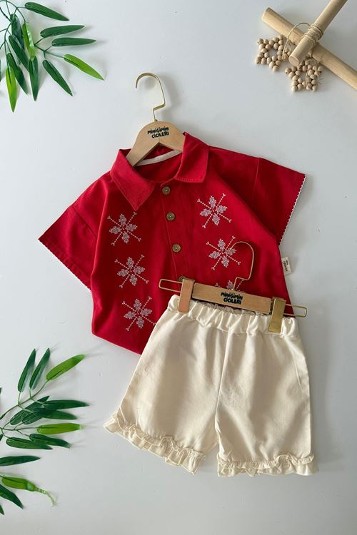 Miniğimin Cicileri İşleme Detaylı Fırfırlı Kız Çocuk Şortlu 2 li Takım - Kırmızı