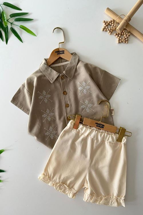 Miniğimin Cicileri İşleme Detaylı Fırfırlı Kız Çocuk Şortlu 2 li Takım - Yeşil