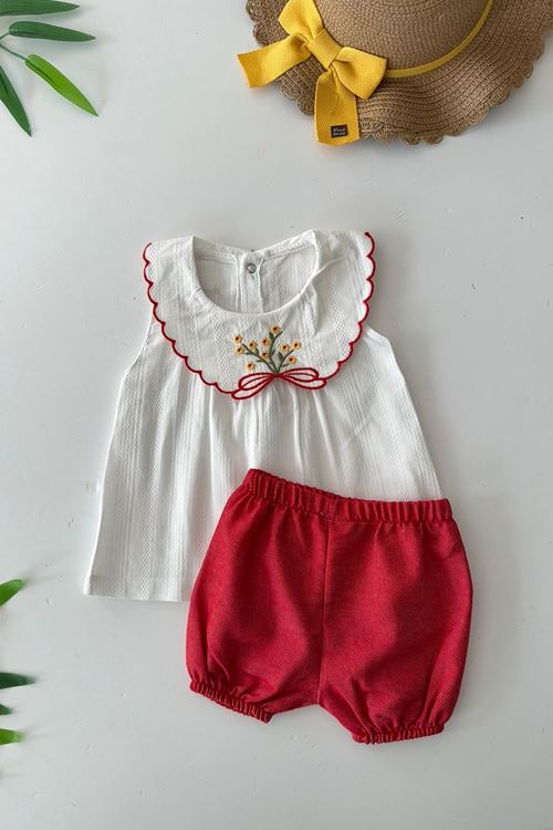 Miniğimin Cicileri Yaka Nakış Detaylo Şortlu Kız Bebe 2 li Takım - Kırmızı