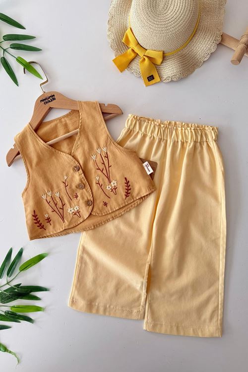 Miniğimin Cicileri Çiçek Nakışlı Yelekli Pamuklu Kız Çocuk 2 li Takım - Hardal
