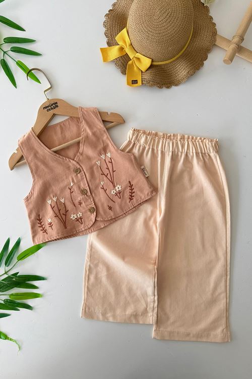Miniğimin Cicileri Çiçek Nakışlı Yelekli Pamuklu Kız Çocuk 2 li Takım - Somon