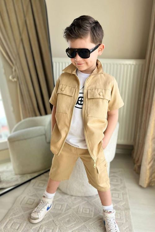 Miniğimin Cicileri Boyboy Gabardin Cepli Şortlu Erkek Çocuk 3 lü Takım - Kahve