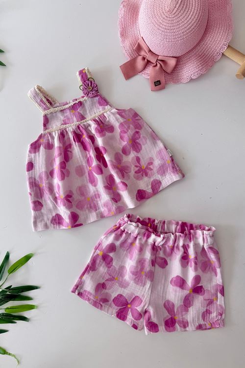Minigimin Cicileri Müslin Çiçek Desenli KıZ Çocuk 2 li Takım - Lila