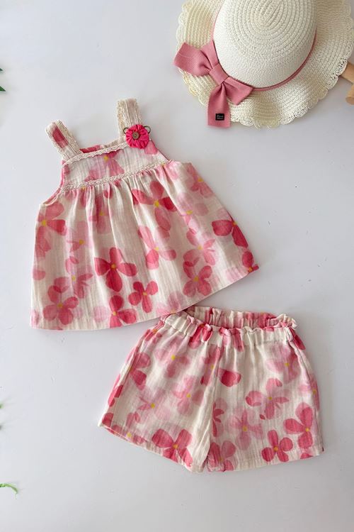 Minigimin Cicileri Müslin Çiçek Desenli KıZ Çocuk 2 li Takım - Pembe