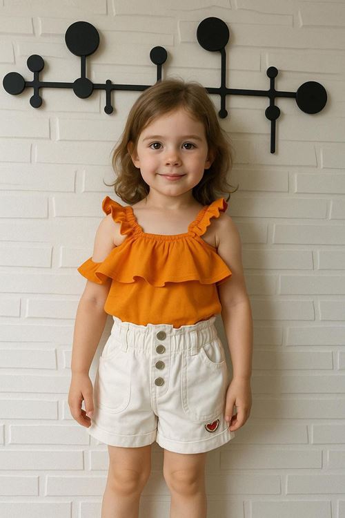Miniğimin Cicileri Fırfır Askılı Kız Çocuk Kolsuz Bluz & Karpuz Detaylı Şort Takım - Turuncu