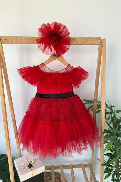 Miniğimin Cicileri Puantiye Detaylı Fiyonklu Kız Çocuk Abiye Elbise - Kırmızı