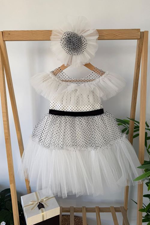 Miniğimin Cicileri Puantiye Detaylı Fiyonklu Kız Çocuk Abiye Elbise - Beyaz