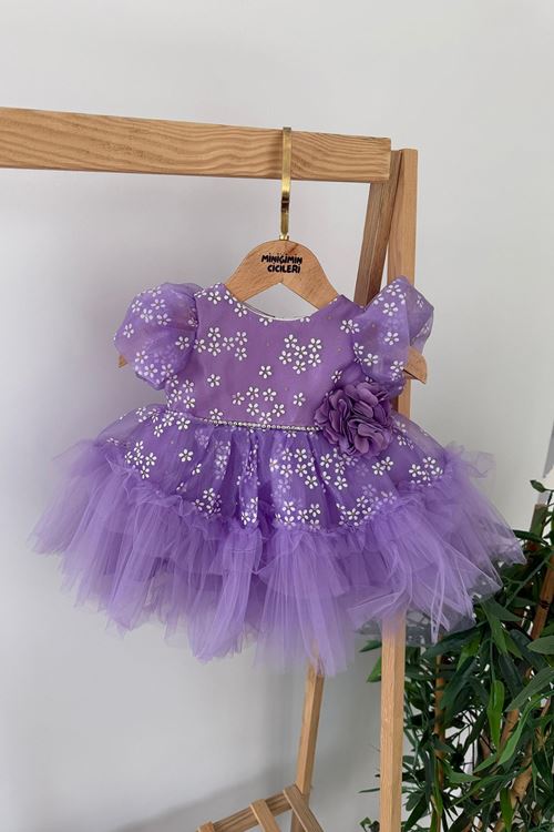 Miniğimin Cicileri Papatua Desenli Gül Detaylı Kız BeBe Tüllü Elbise - Lila