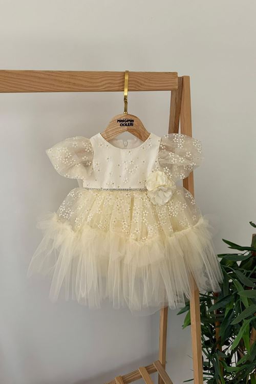 Miniğimin Cicileri Papatua Desenli Gül Detaylı Kız BeBe Tüllü Elbise - Ekru
