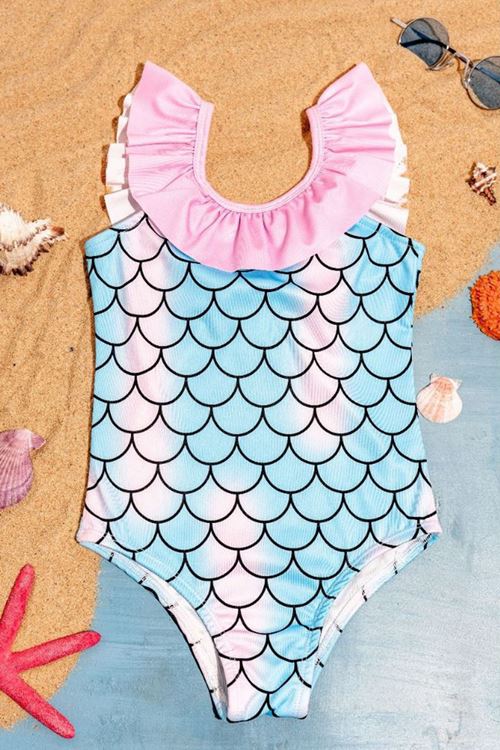 Miniğimin Cicileri Balık Pul Desenli Volanlı Kız Çocuk Mayo - Turkuaz