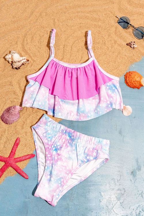 Miniğimin Cicileri Volanlı Yıldız Desenli 2 Parça Kız Çocuk Mayo - Pembe