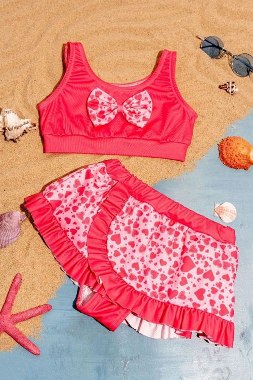 Miniğimin Cicileri (3-7 Yaş) Fırfır Detaylı Kalp Baskılı Kız Çocuk 2 li Mayo - Fuşya