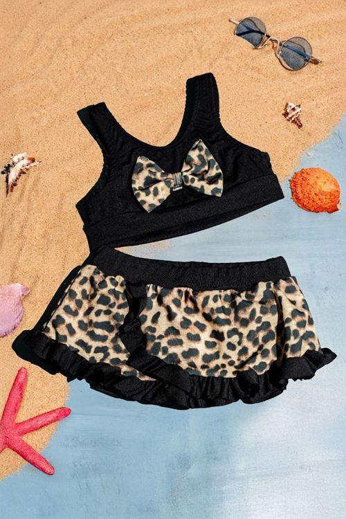 Miniğimin Cicileri (9-12 Yaş) Leopar Baskılı Kız Çocuk 2 li Mayo - Siyah