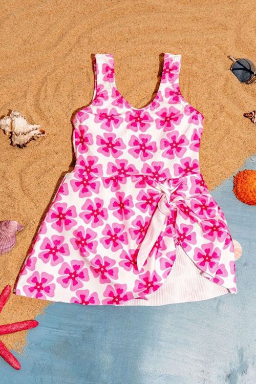 Miniğimin Cicileri (3-12 Yaş) Çiçek Baskılı Kız Çocuk Etekli Mayo - Pembe