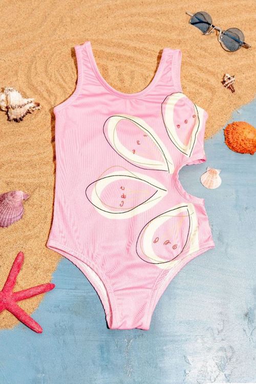 Miniğimin Cicileri (3-7 Yaş) Çiçek Baskılı Beli Detayşı Kız Çocuk Mayo - Açık Pembe