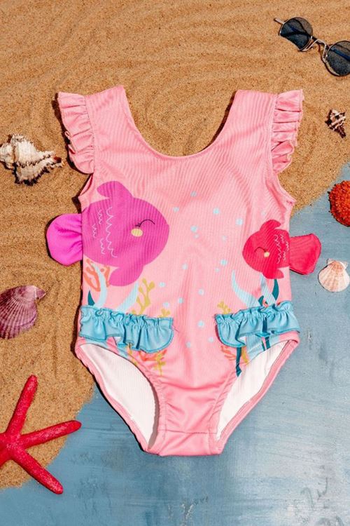 Miniğimin Cicileri (3-7 Yaş) Balık Desenli Fırfır Detaylı Kız Çocuk Mayo - Açık Pembe