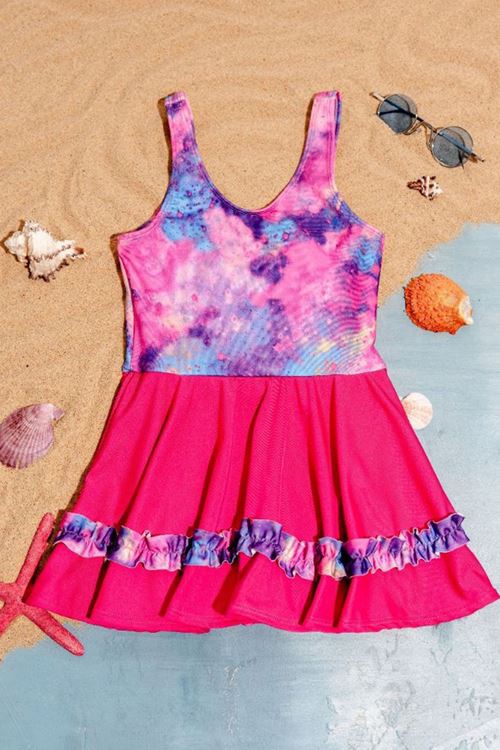 Miniğimin Cicileri (3-12 Yaş) Batik Desenli Kız Çocuk Etekli Mayo - Fuşya