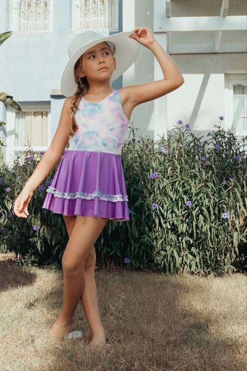 Miniğimin Cicileri (3-12 Yaş) Batik Desenli Kız Çocuk Etekli Mayo - Mor