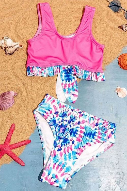 Miniğimin Cicileri (3-7 Yaş) Kız Çocuk Bağlama Detaylı Karışık Desenli Mayo Bikini - Pembe