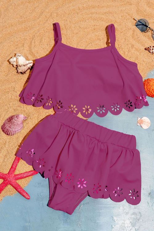 Miniğimin Cicileri (3-12 Yaş) Kız Çocuk Lazer Çiçek Kesim Etekli Mayo - Gül Kurusu